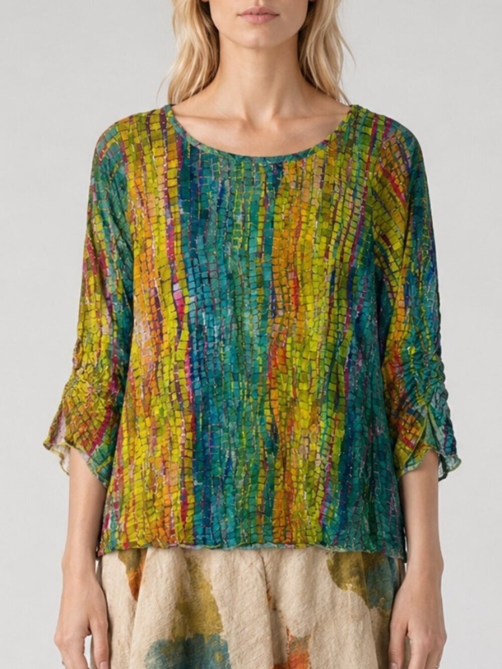 Snoskins Multicolor Mosaic Print Roll Tab Sleeve Womens Top Size S